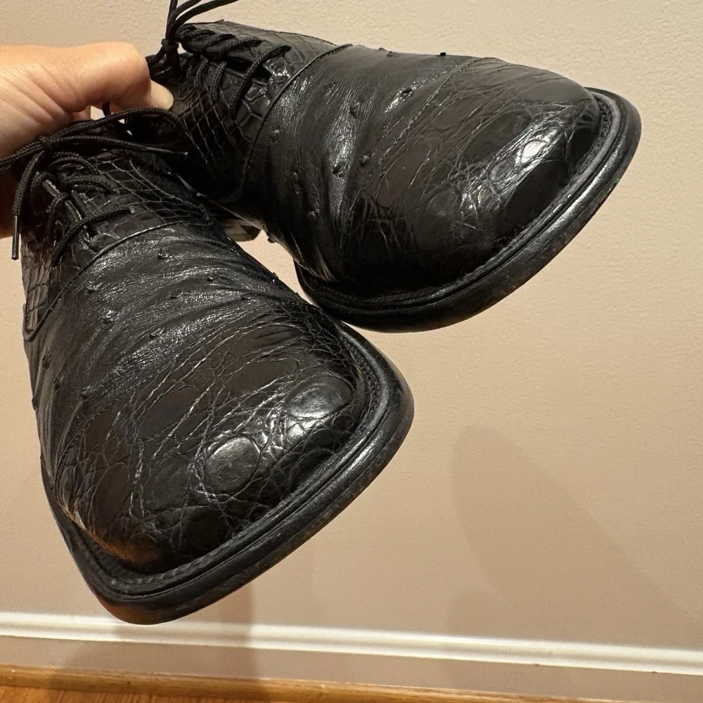 Mezlan Men's Genuine Crocodile Lace-Up Dress Shoes Sz 10.5 Black Square Toe